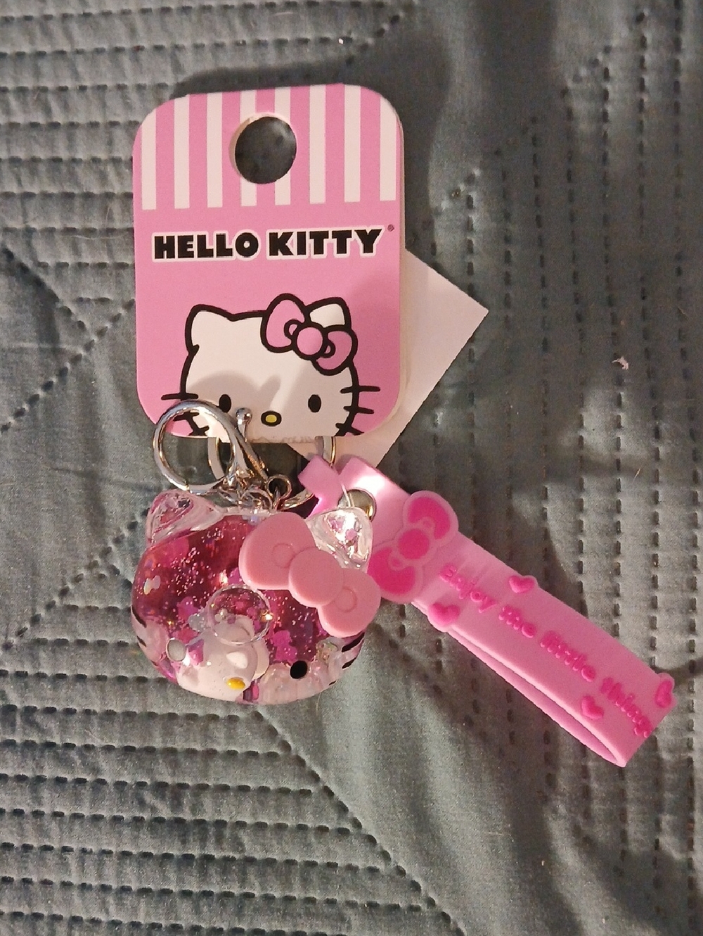 Hello Kitty Pink Glitter Charm Keychain with Silicone Tag